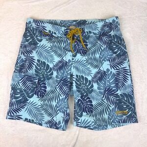 Duluth Trading Co Men Blue Tropical Monstera Leaf Board Shorts Swim Trunks 34